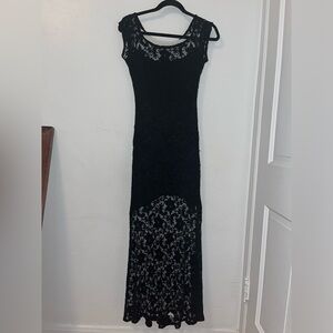Long Black Lace Sheer Back Dress Size Small